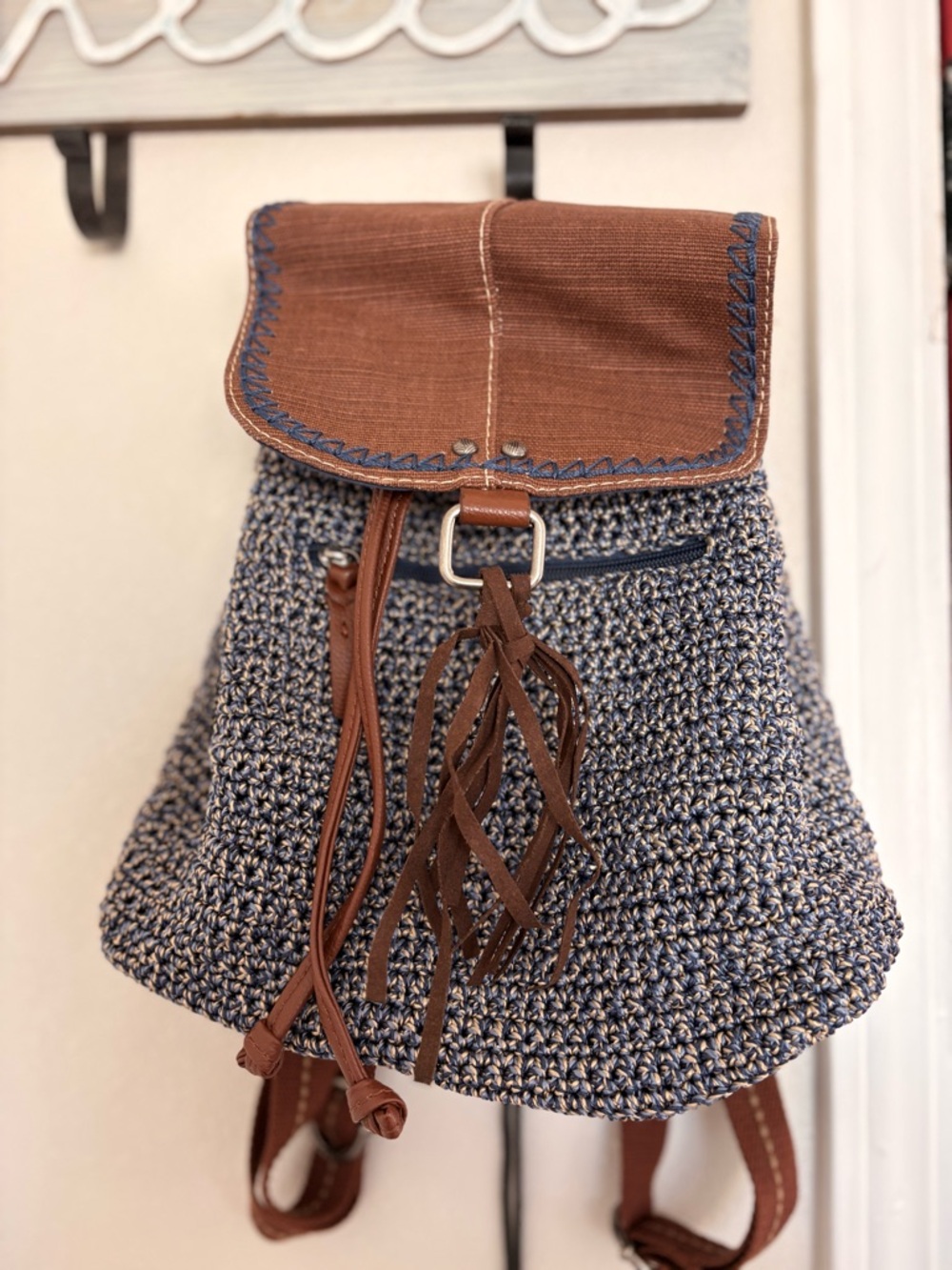 The Sak Brown and Navy Crochet Drawstring Backpack
